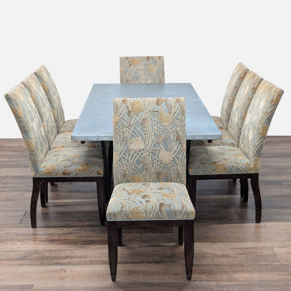 1. Kingston Krafts dining set with zinc top table and 8 patterned upholstered chairs, arranged front view.  