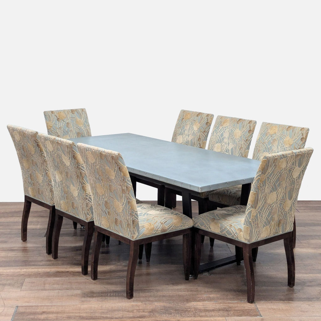 3. Kingston Krafts dining set shown at an angle, featuring zinc top table and 8 matching upholstered chairs.