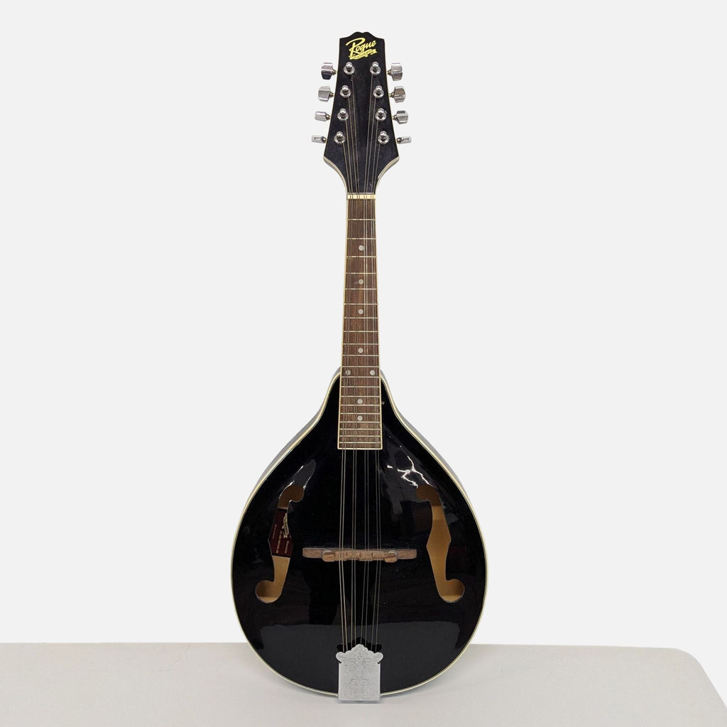 1. Front view of a black Rogue RM-100A A-style mandolin with spruce top and maple neck on a white background.