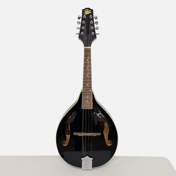 1. Front view of a black Rogue RM-100A A-style mandolin with spruce top and maple neck on a white background.