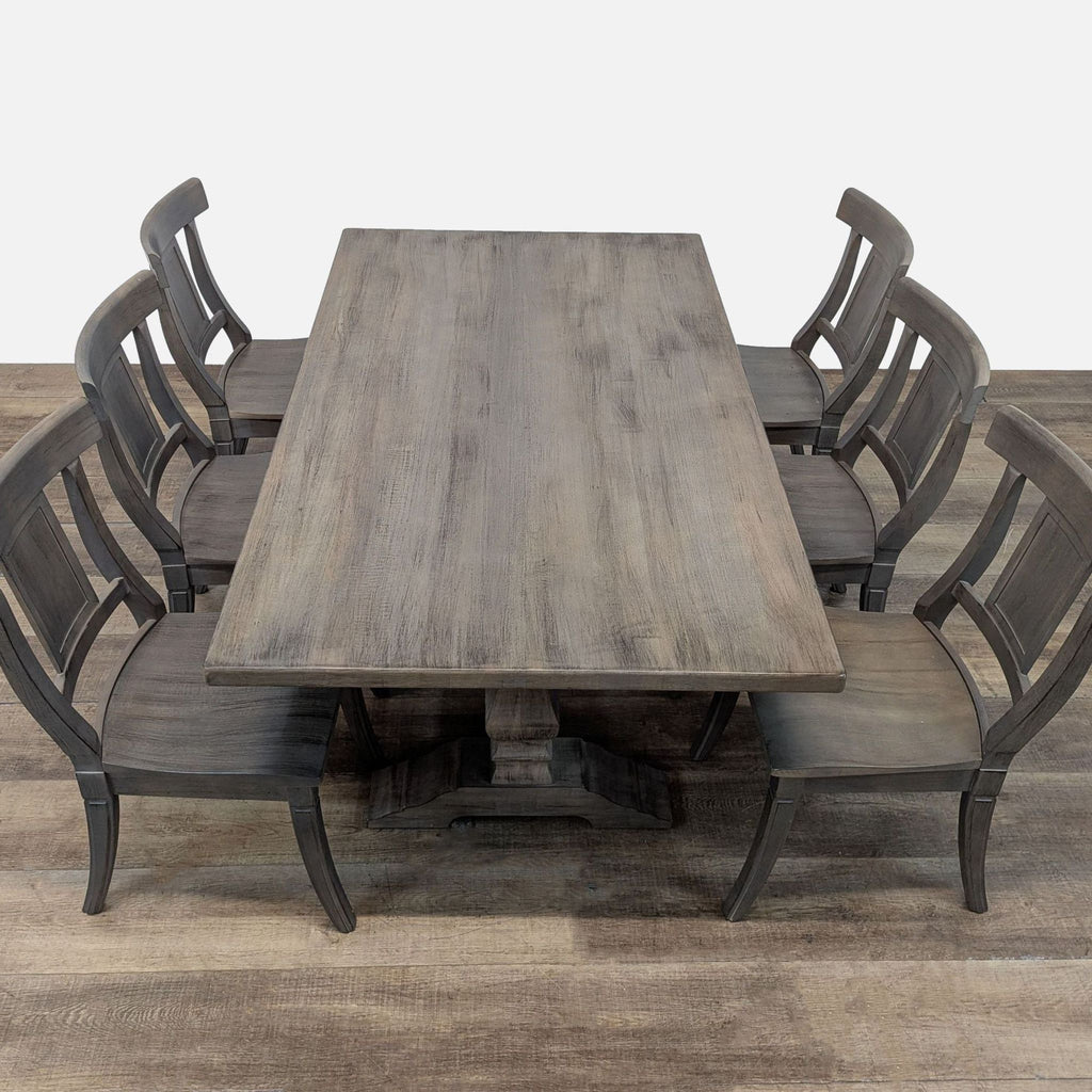 3. Overhead shot of Bassett farmhouse dining set featuring a solid maple table and six wooden chairs.