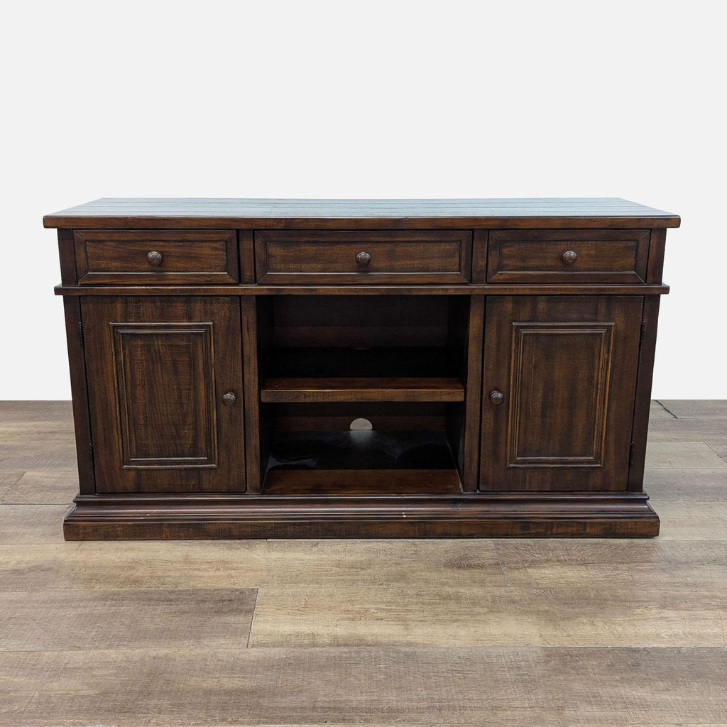 1. Rustic Pottery Barn sideboard with planked top, three drawers, and open shelves, shown from the front.