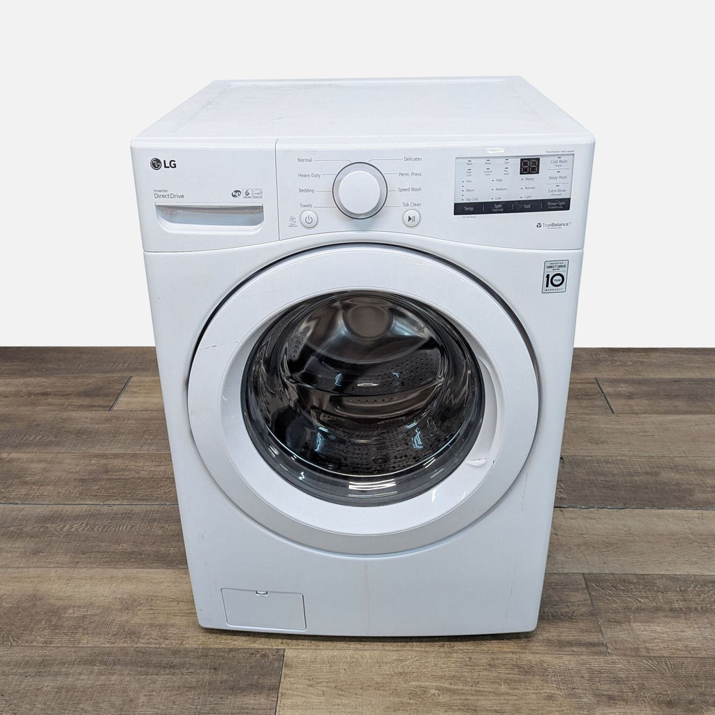 1. Front view of an LG WM3400CW 4.5 cu. ft. white front-load washer with control panel and door closed.