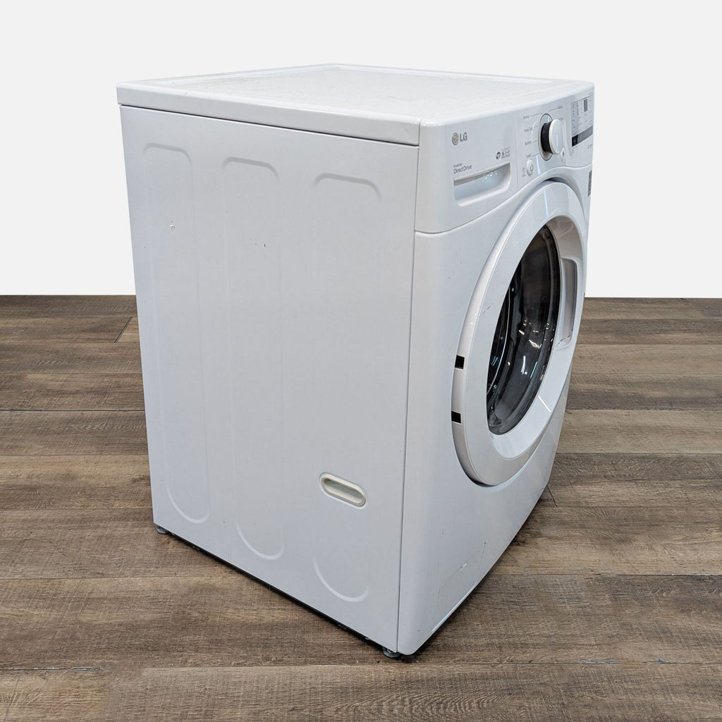 3. Angled side view of the LG WM3400CW washer showing its sleek, modern white design and compact build.