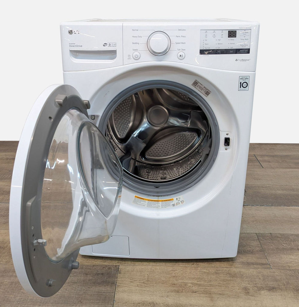 2. LG WM3400CW front-load washer by LG, door open revealing spacious stainless steel drum and interior.