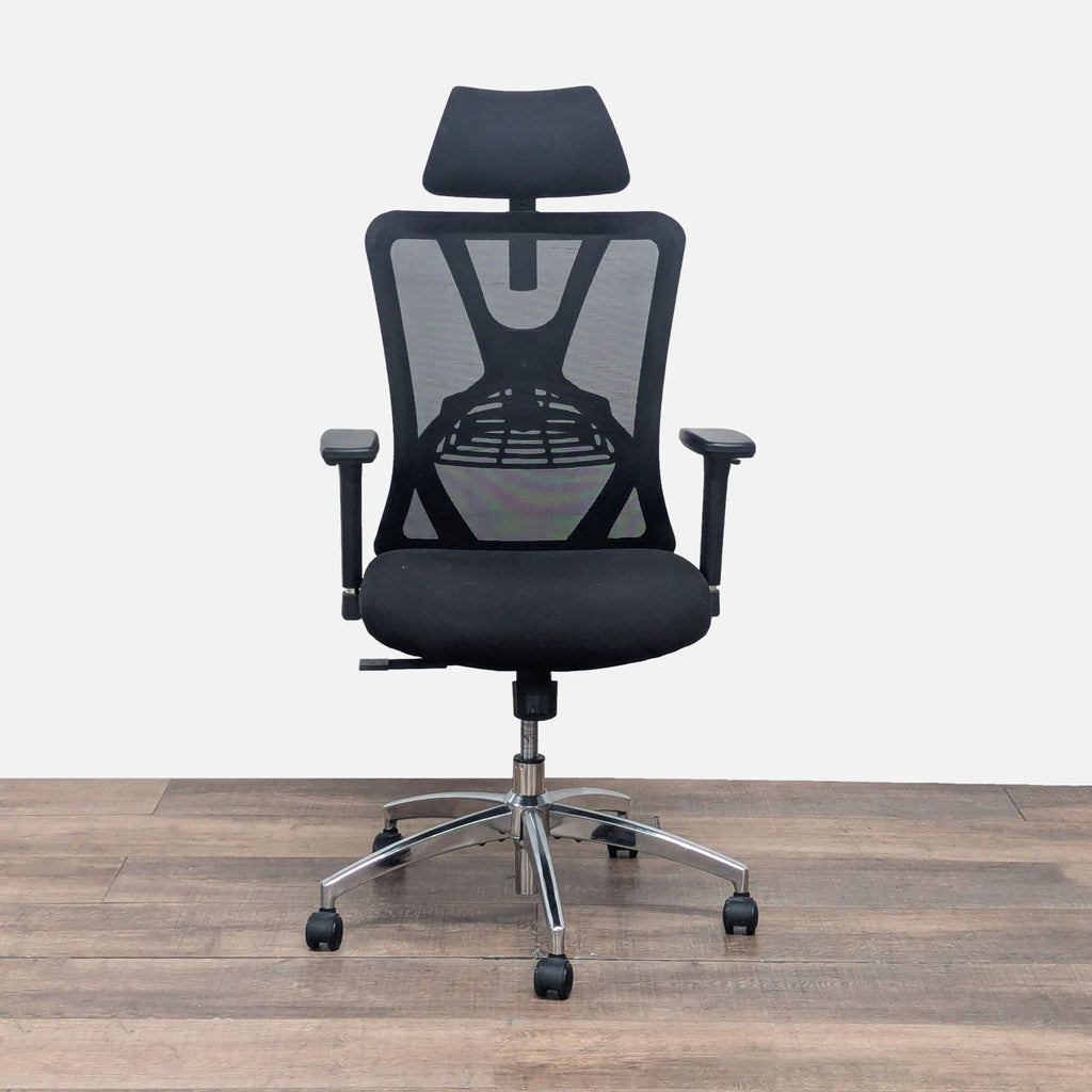 - Reperch chair with mesh back, adjustable headrest, armrests, and lumbar support, front view.