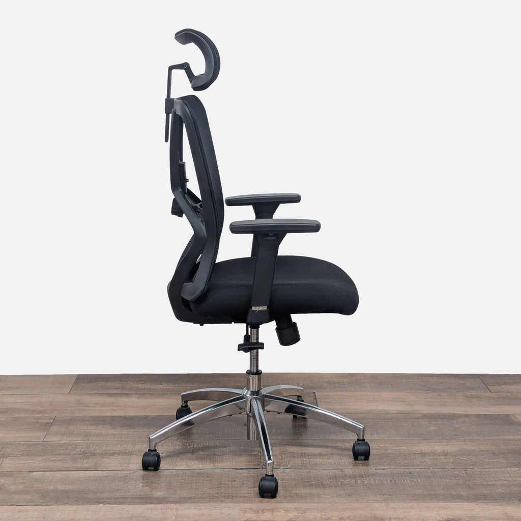 - Side view of Reperch ergonomic chair showing adjustable height, tilt, and headrest features.