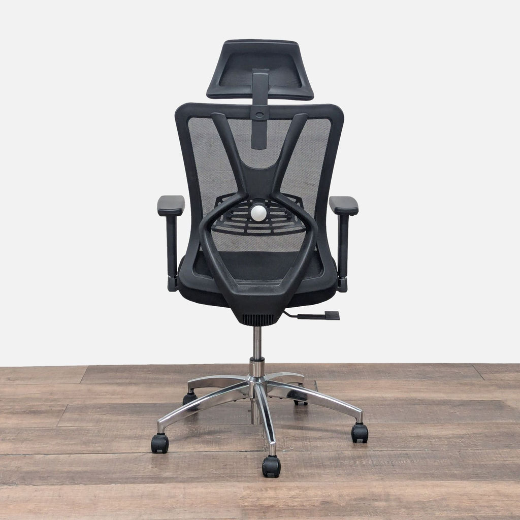 - Reperch office chair, rear view, highlighting mesh back and adjustable lumbar support.