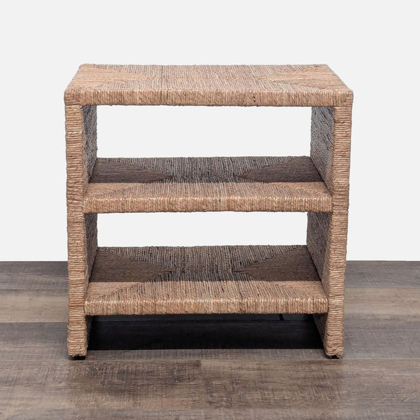 1. Three-tier Pottery Barn side table with handwoven seagrass rope and kiln-dried Red Mahogany wood shelves.  