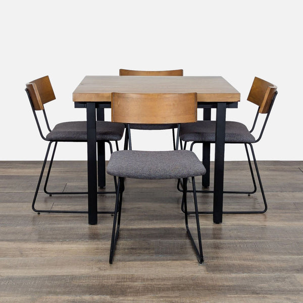 1. Square dining set by Scandinavian Designs with a poplar wood top, steel base, and four cushioned chairs.
