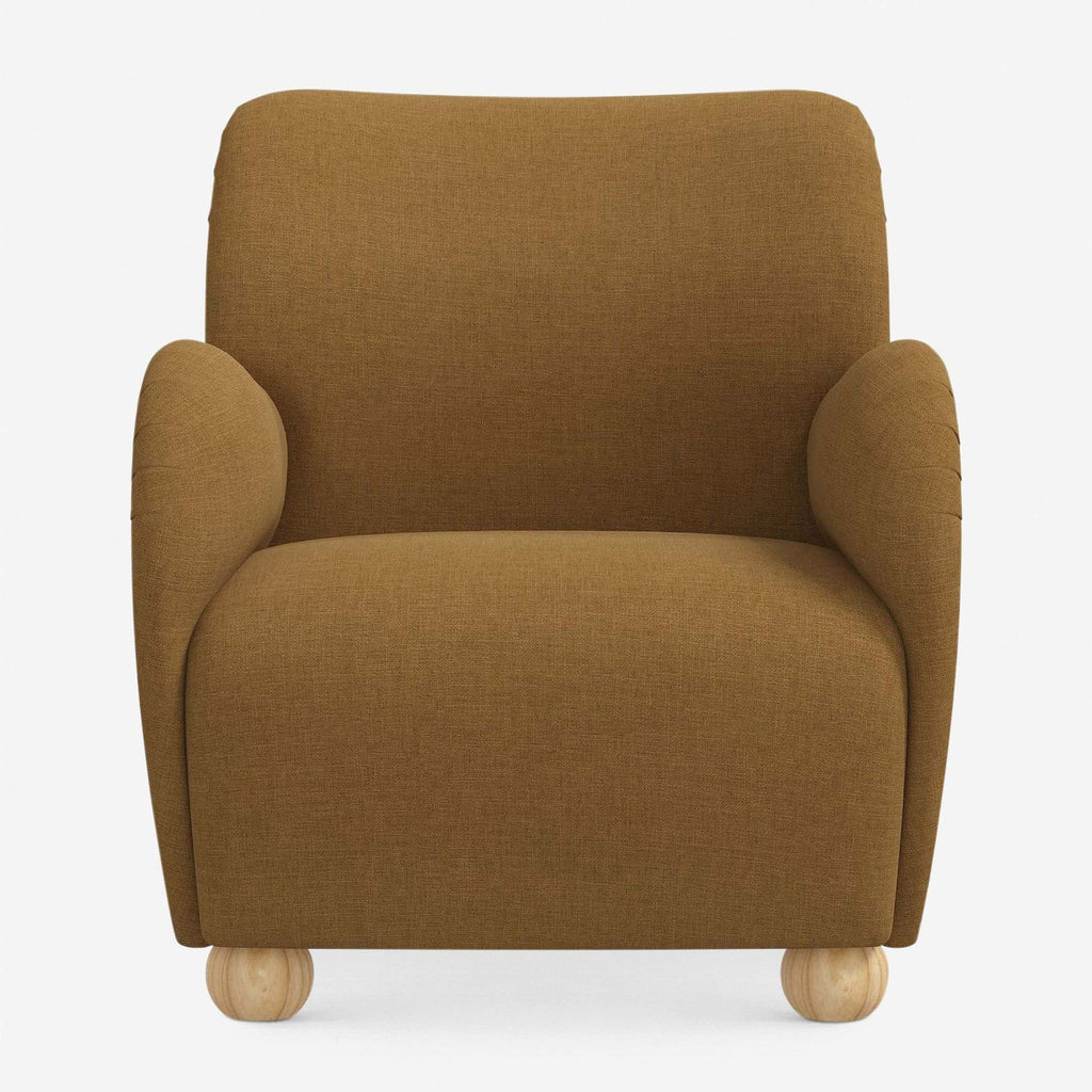 1. Front view of a Lulu and Georgia lounge chair with overstuffed arms, rounded wood feet, and Sesame Linen Weave upholstery.  