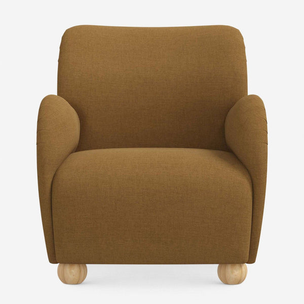1. Front view of a Lulu and Georgia lounge chair with overstuffed arms, rounded wood feet, and Sesame Linen Weave upholstery.  