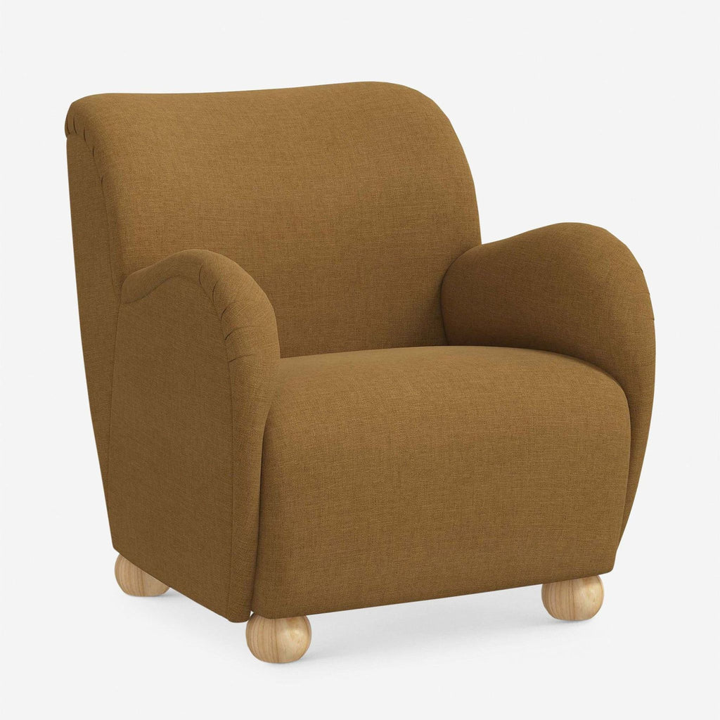 3. Angled view of overstuffed lounge chair by Lulu and Georgia in Sesame Linen Weave with curvy arms and wooden ball feet.