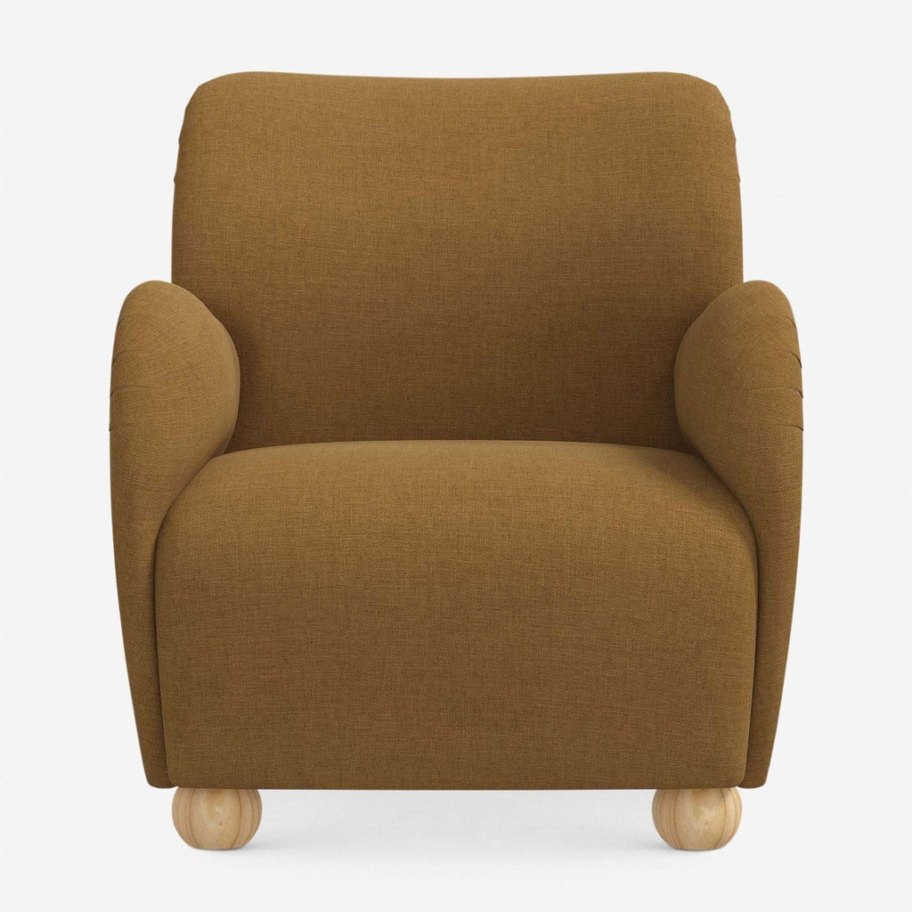 1. Lounge chair with overstuffed arms, rounded wood feet, in Sesame Linen Weave by Lulu and Georgia, front view.  