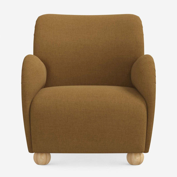 1. Lounge chair with overstuffed arms, rounded wood feet, in Sesame Linen Weave by Lulu and Georgia, front view.  