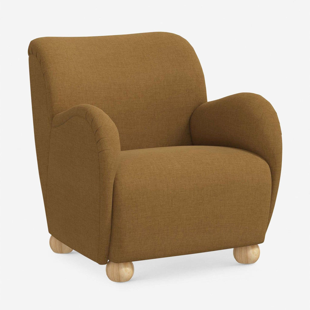 3. Angled view of plush lounge chair with Sesame Linen Weave upholstery and wooden ball feet by Lulu and Georgia.