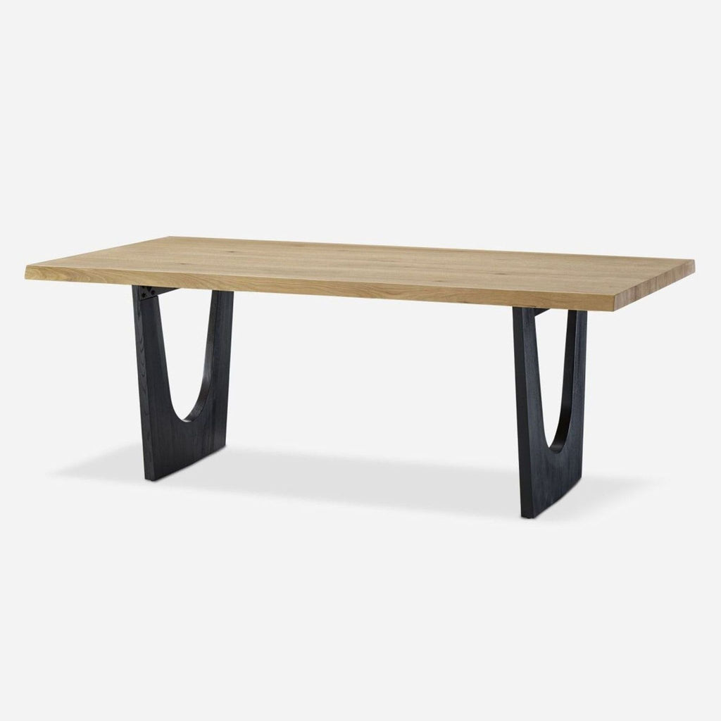 1. Castlery dining table with an oak veneer top and solid black elm U-shaped legs, modern style.