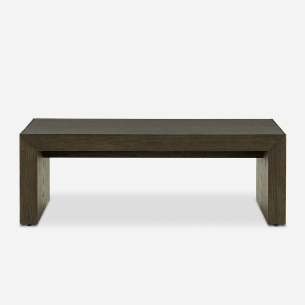 2. Rectangular gray oak coffee table by Castlery with engineered wood, showcasing clean lines and fluted panel legs.