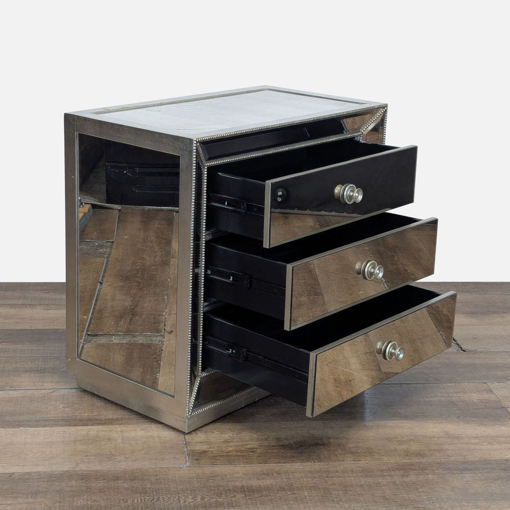 2. Z Gallerie mirrored end table shown with all three drawers open, highlighting smooth metallic and wood finish.  