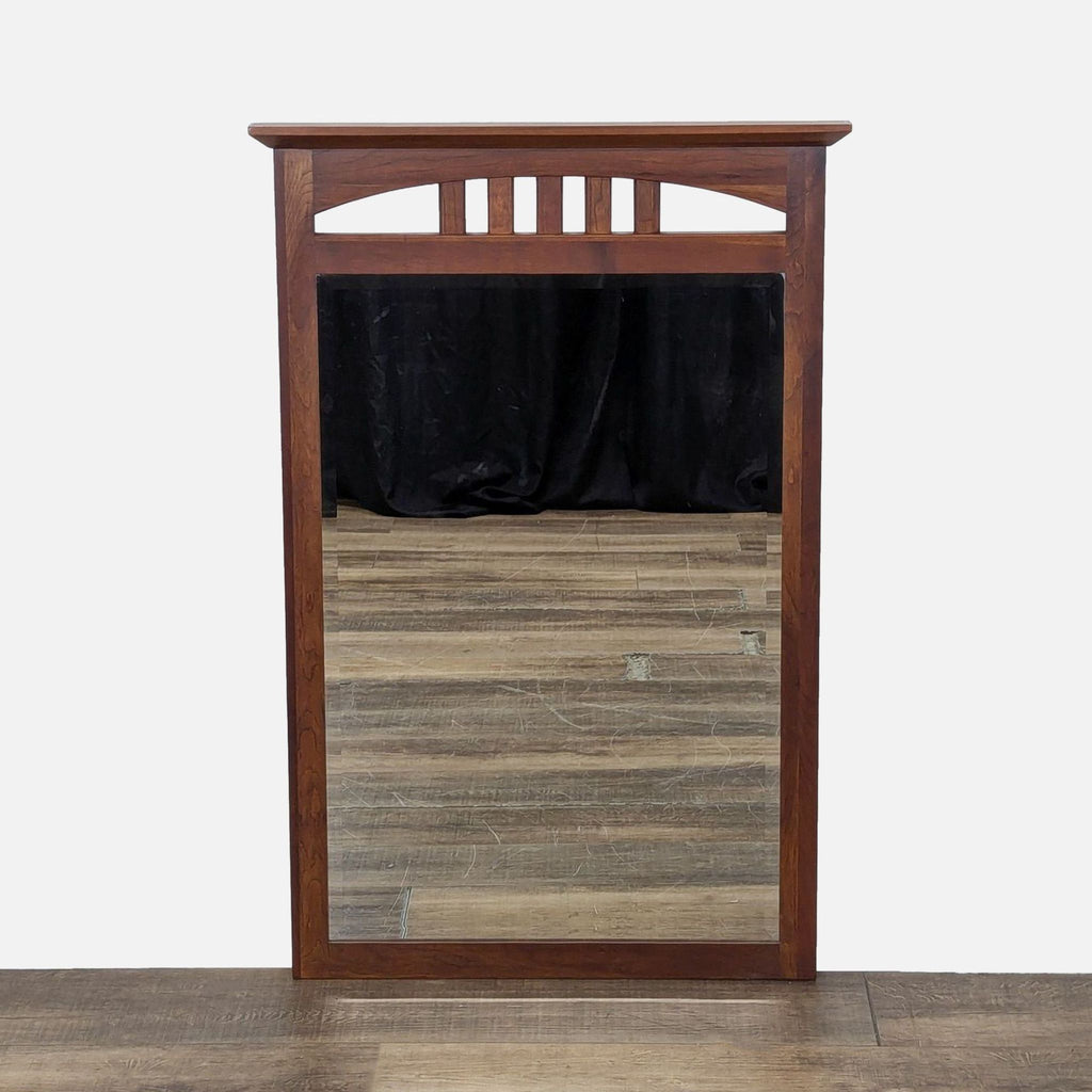 1. Rectangular Ethan Allen mirror with wooden Arts & Crafts-style frame featuring a decorative top panel.