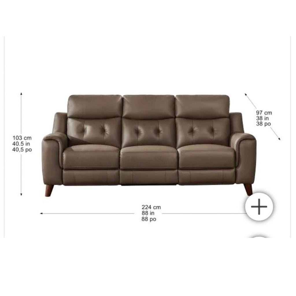 3. Dimensions view of Campania 3-seat leather power reclining sofa, showing measurements in inches and cm.