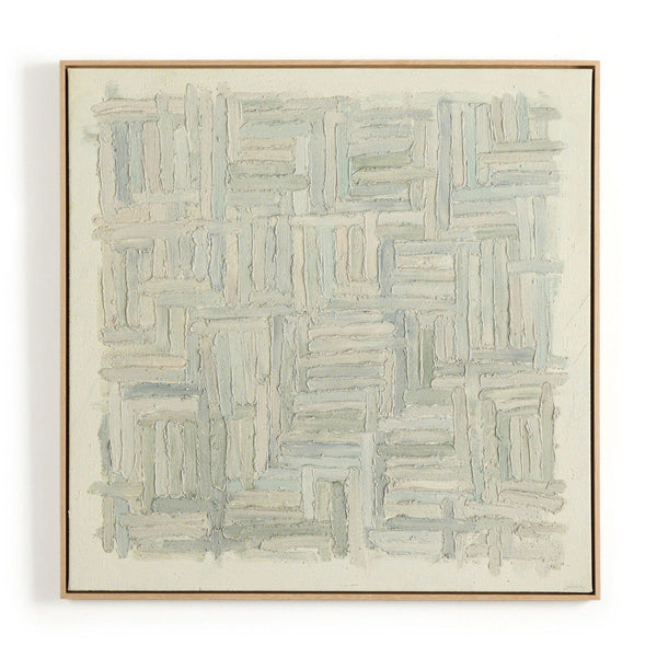 Textured abstract painting by Tyler Guinn featuring pale geometric brushstrokes in a grid pattern, framed in wood.