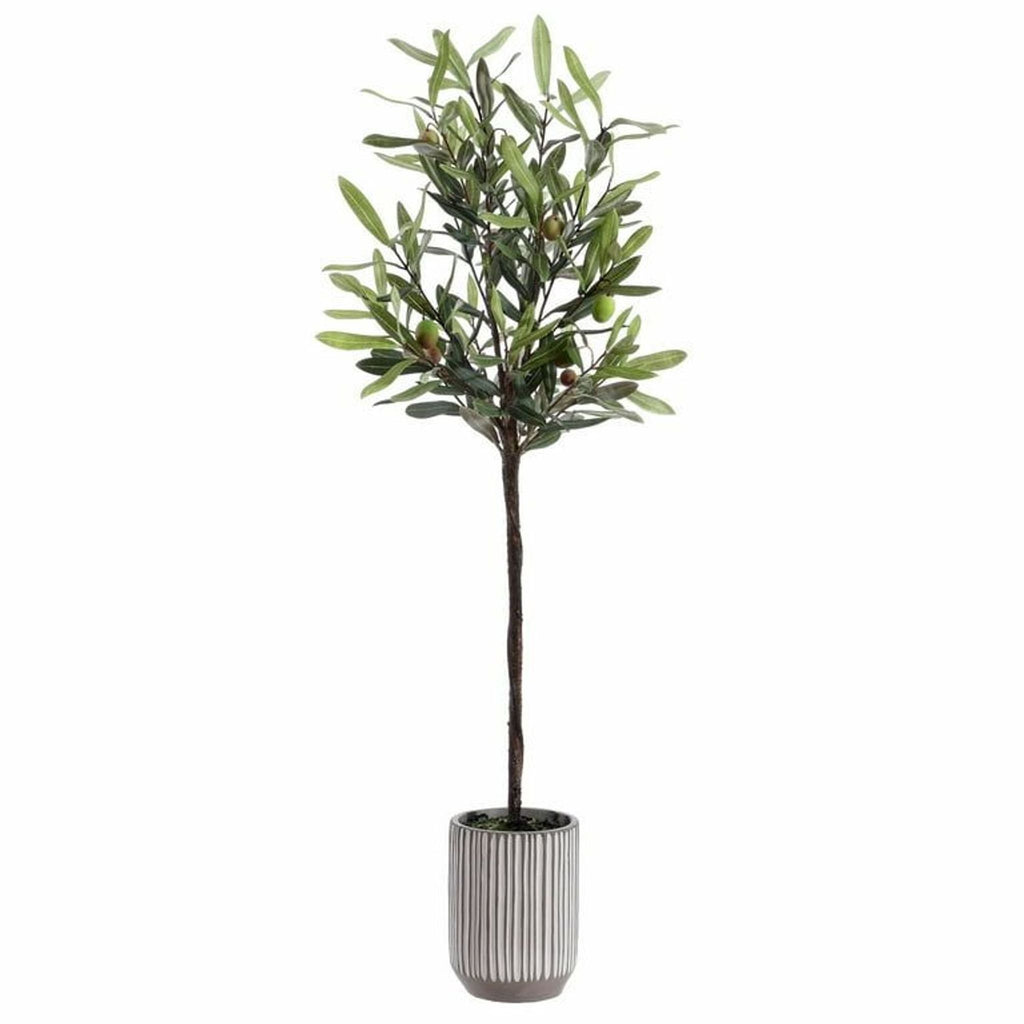Artificial olive tree in a ribbed grey pot, featuring green leaves and realistic olive fruits by Safavieh.  
