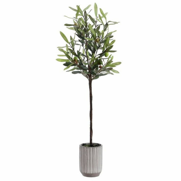 Artificial olive tree in a ribbed grey pot, featuring green leaves and realistic olive fruits by Safavieh.  