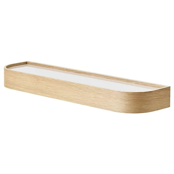 1. Minimalist natural oak wall shelf by Audo Copenhagen with a slim, rounded rectangular shape and white base.  