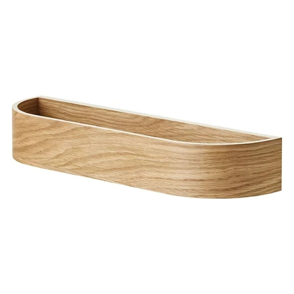 2. Reperch brand wall shelf in natural oak finish, open front with curved minimalist design.