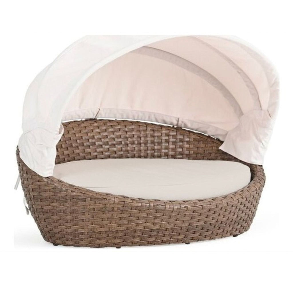 Round wicker lounge chair with white canopy from Watermark Living, ideal for outdoor use and UV resistant.