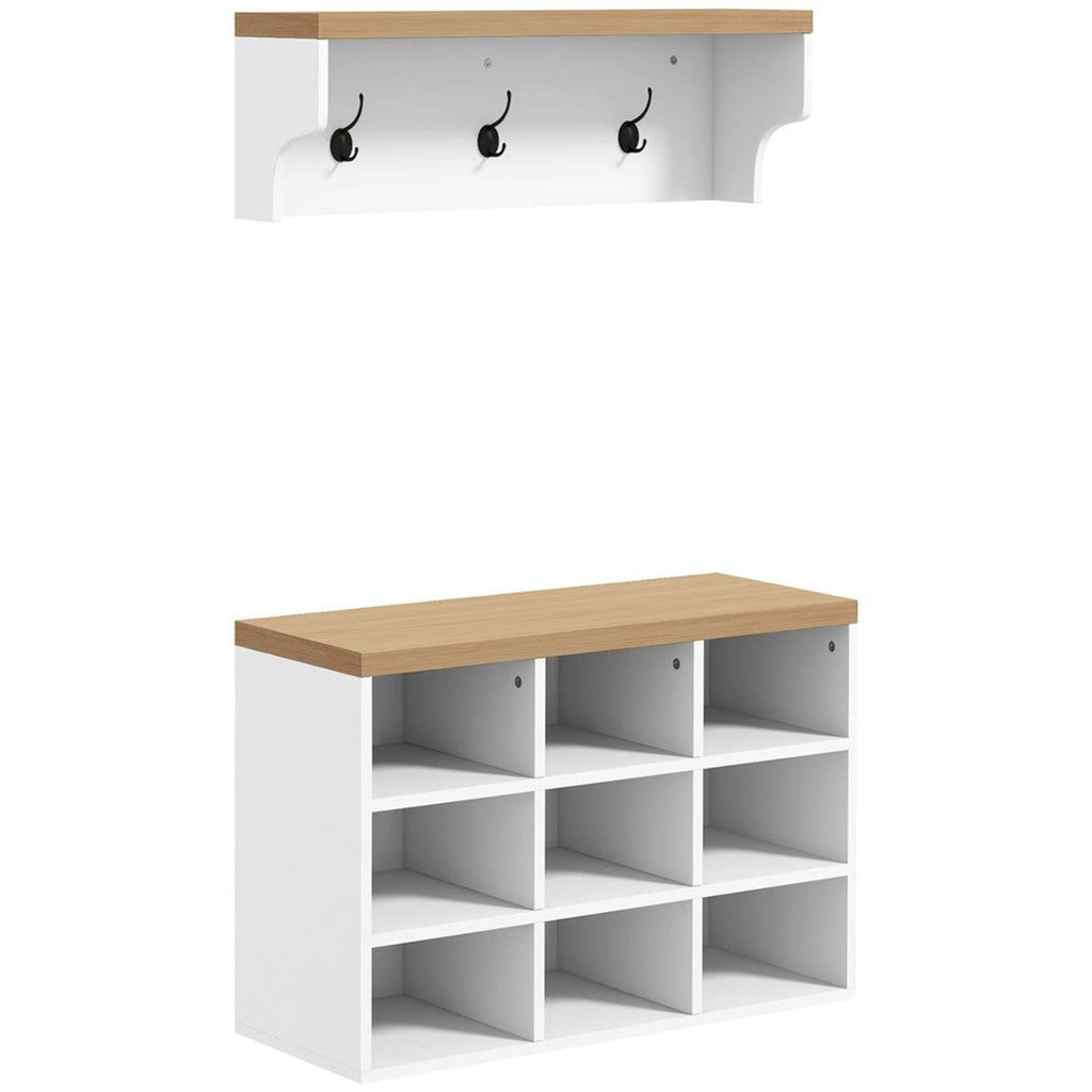 White entryway organizer set by Contour & Co with wood-finish tops, cubbies, and three black hooks.