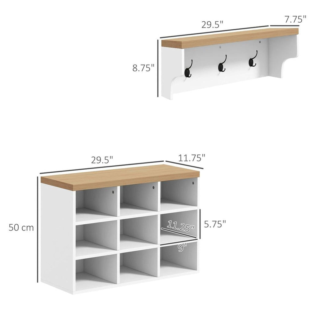 Entryway organizer by Contour & Co with dimensions labeled; white shelves and wood tops, includes hooks and cubbie storage.