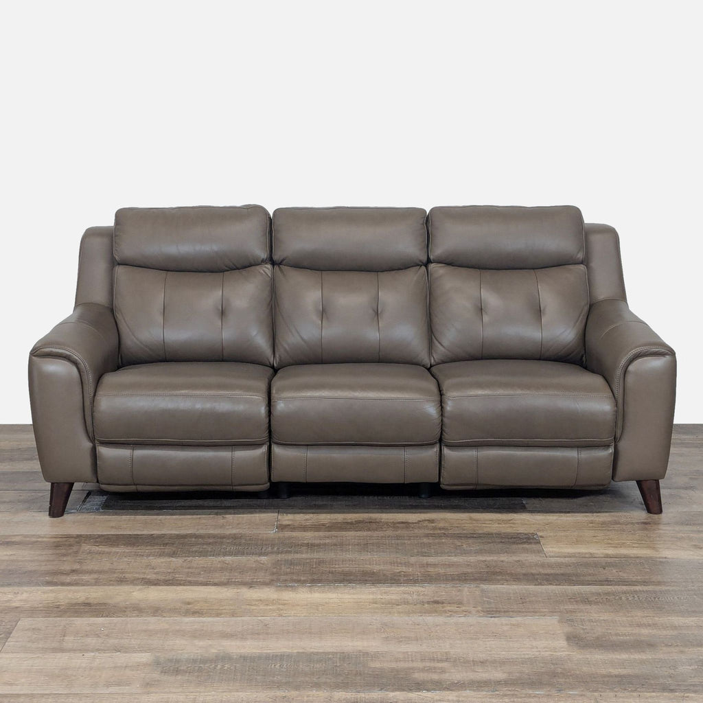 1. Campania 3-seat leather power reclining sofa with power tilting headrest, USB, and sleek brown finish.