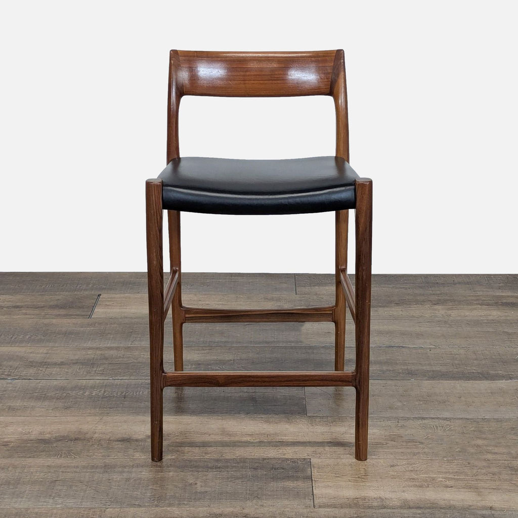 1. Front view of a Danish walnut and leather Møller stool from Design Within Reach, category: Stools, Ottomans & Benches.  