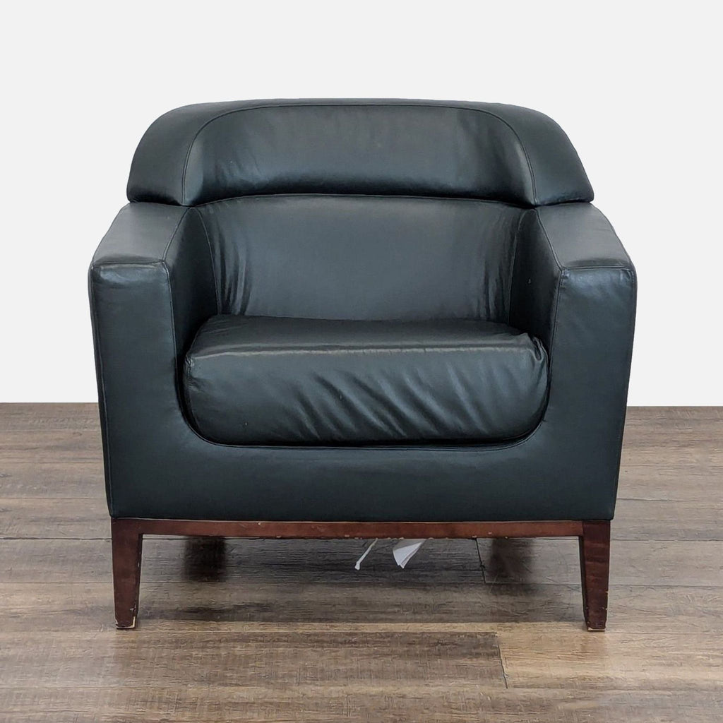 1. Bernhardt lounge chair with mid-century modern style, boxy arms, clean lines, and tapered wood legs, front view.