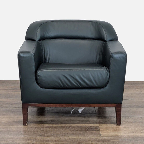 1. Bernhardt lounge chair with mid-century modern style, boxy arms, clean lines, and tapered wood legs, front view.