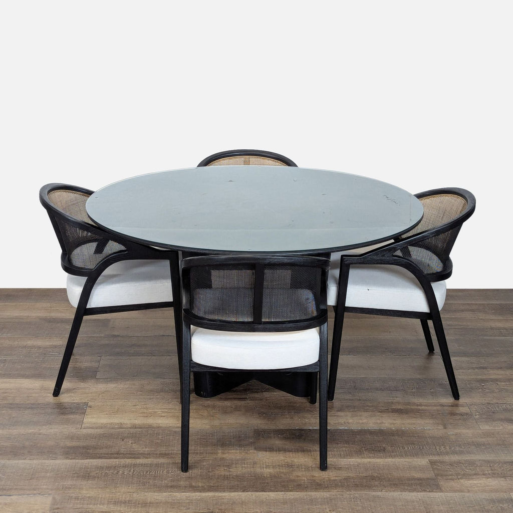 A Thais Saint Germain Round Modern Dining Table with 4 Aimee Armchairs