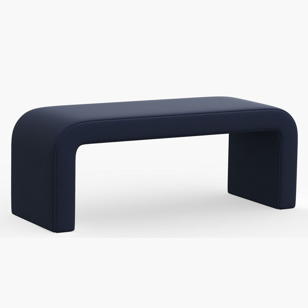 2. Linen-upholstered Havenly bench in dark blue, featuring a minimalist, blocky silhouette for versatile seating.
