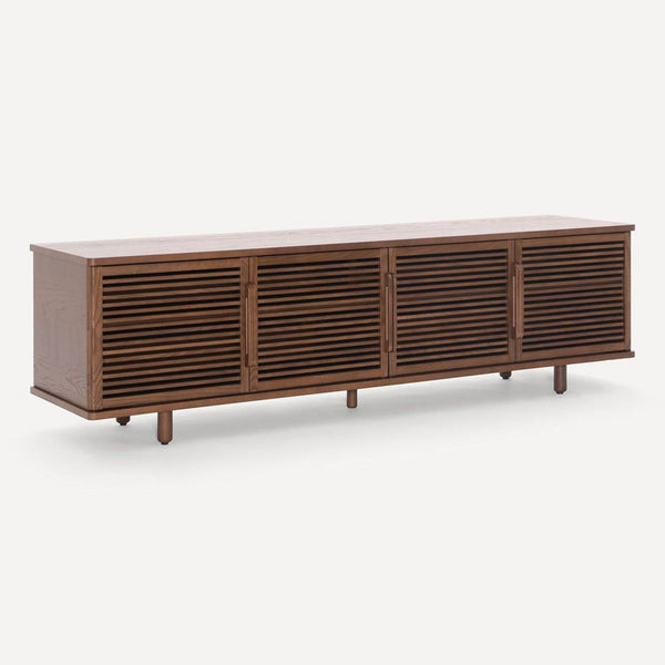 1. Burrow entertainment center with slatted, acoustically transparent ash veneer doors, shown closed for clear audio.