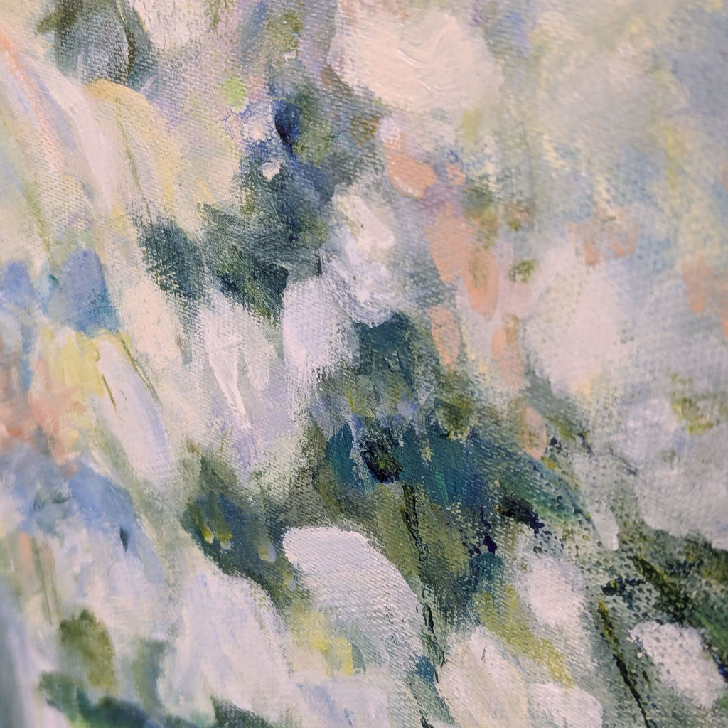 2. Close-up of Aase Lind’s painting, showing textured brushstrokes in blue, green, and pastel colors.