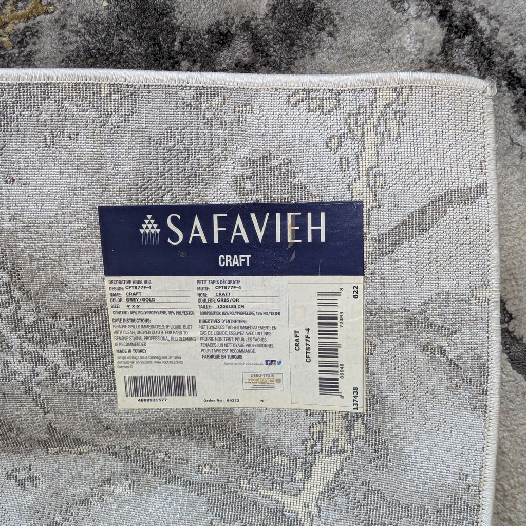 3. The underside label of a Safavieh Craft rug, showing brand, size, and care details.