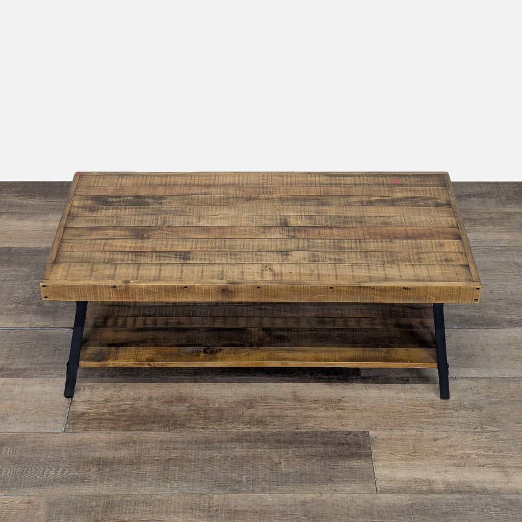 Top-down view of the Reperch coffee table showing the planked wood surface and matching lower shelf.