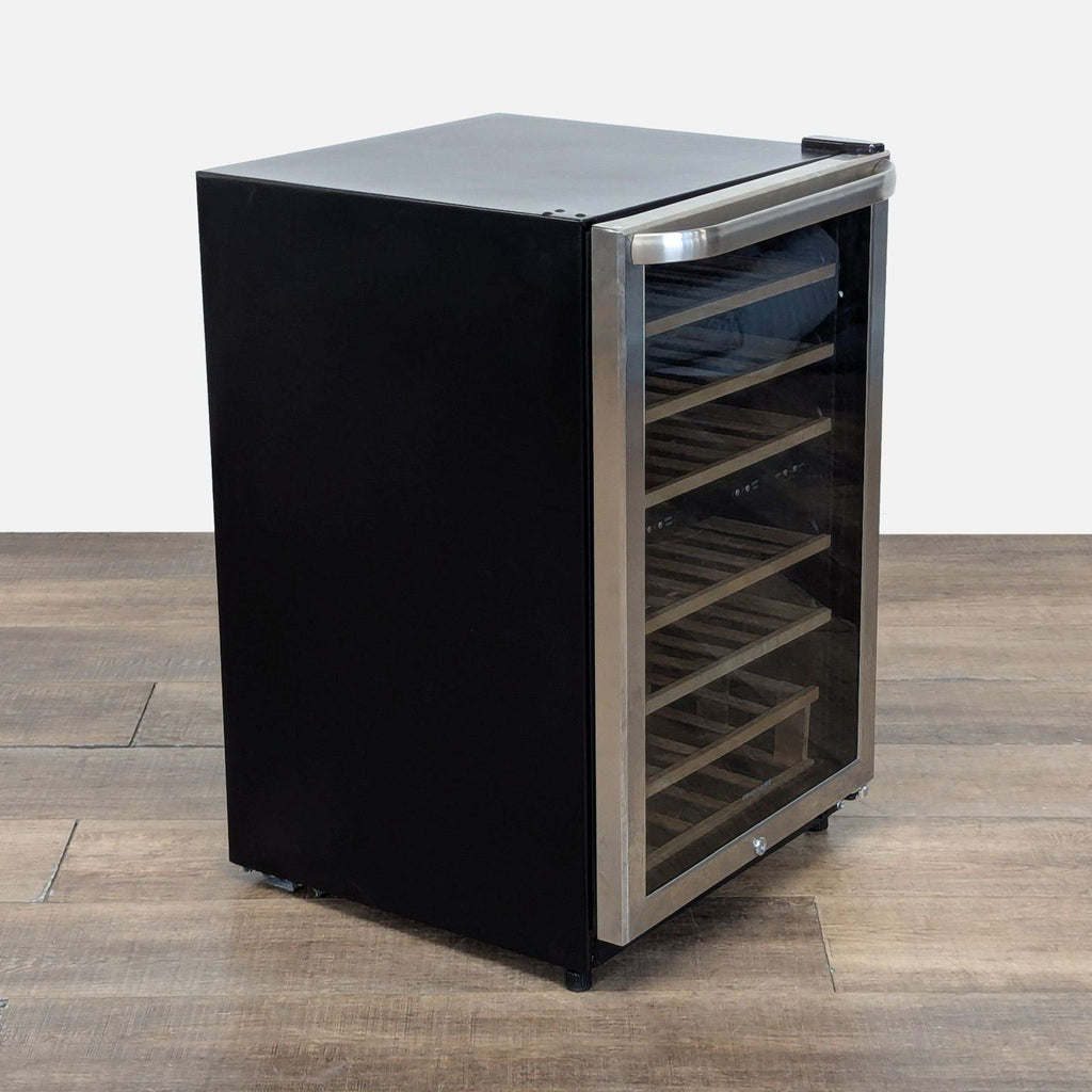 3. Angled view of Frigidaire refrigerator, featuring a glass door, stainless handle, and multiple wooden storage racks.
