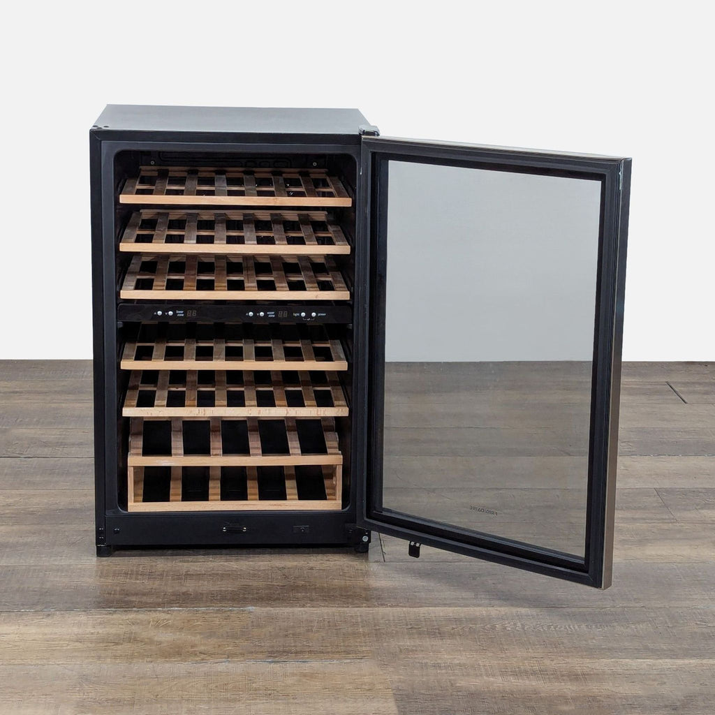 1. Frigidaire two-zone wine cooler with open glass door, showing stained wooden shelves and digital controls.