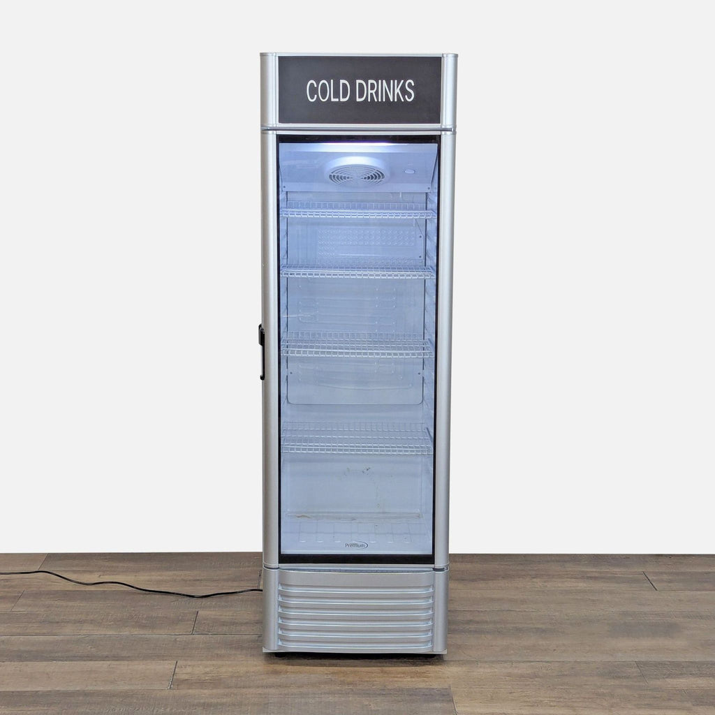 Front view of a Premium Levella single-glass-door beverage refrigerator with "Cold Drinks" sign and adjustable shelves.