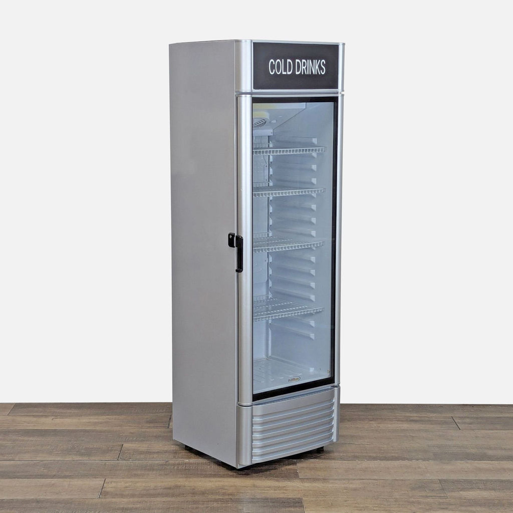 Angled side view of the Premium Levella glass-door merchandiser fridge showing four interior wire shelves and lockable handle.