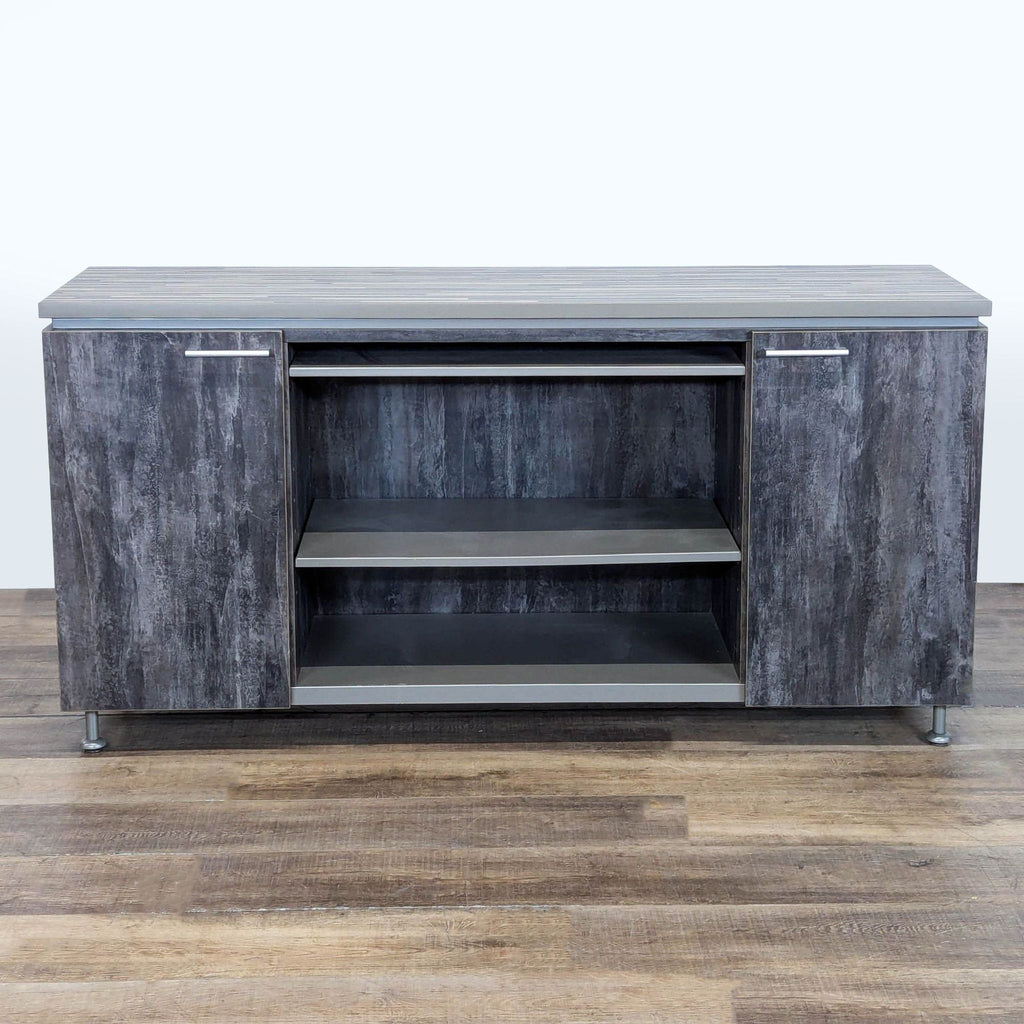 1. Reperch faux wood and tile sideboard with two doors, open shelves, and interior storage.  