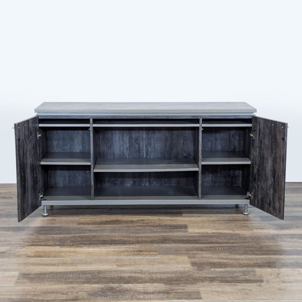 2. Faux wood and tile credenza by Reperch with open doors, showing multiple interior shelves.  