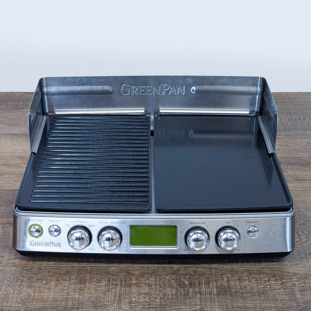1. GreenPan indoor electric grill and griddle combo with digital controls, split plates, and stainless steel guard.